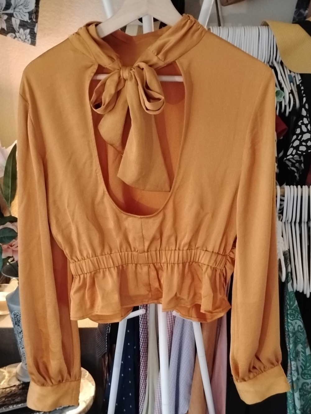 Open Edit Open-Back Tie-Neck Peplum Blouse - Mustard-golden